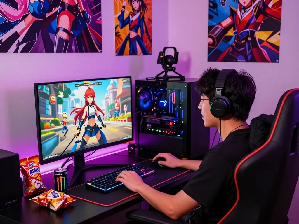 Exciting gaming setup showcasing a player immersed in a hentai game with ambient RGB lighting.