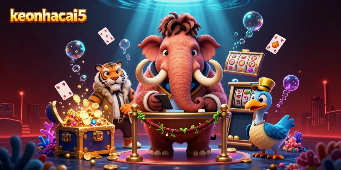 Engage with keonhacai5 at a vibrant casino scene featuring a woolly mammoth bouncer and treasures.