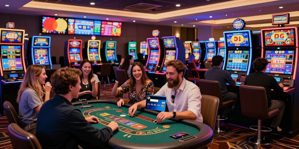 Players enjoying games at Mastercard casinos with vibrant atmosphere and colorful display.