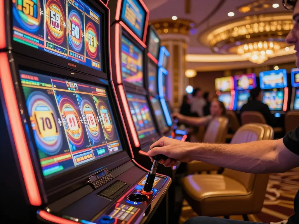 Player spinning a slot machine reel amidst colorful lights in a luxurious casino environment.