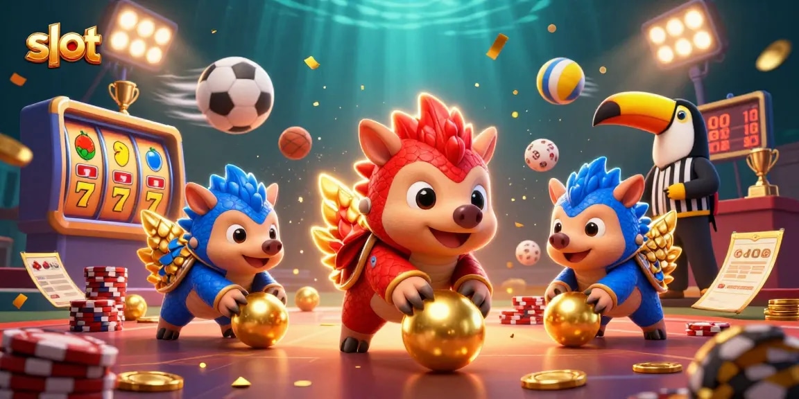 Menangkan slot dengan pangolins berwarna-warni yang bermain sambil melempar koin emas di kasino virtual.