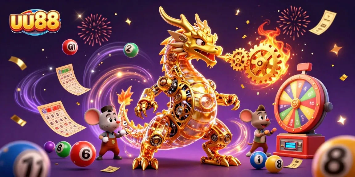 Experience thrilling gameplay with uu88's golden dragon as it breathes cogs and bonuses in a vibrant casino scene.