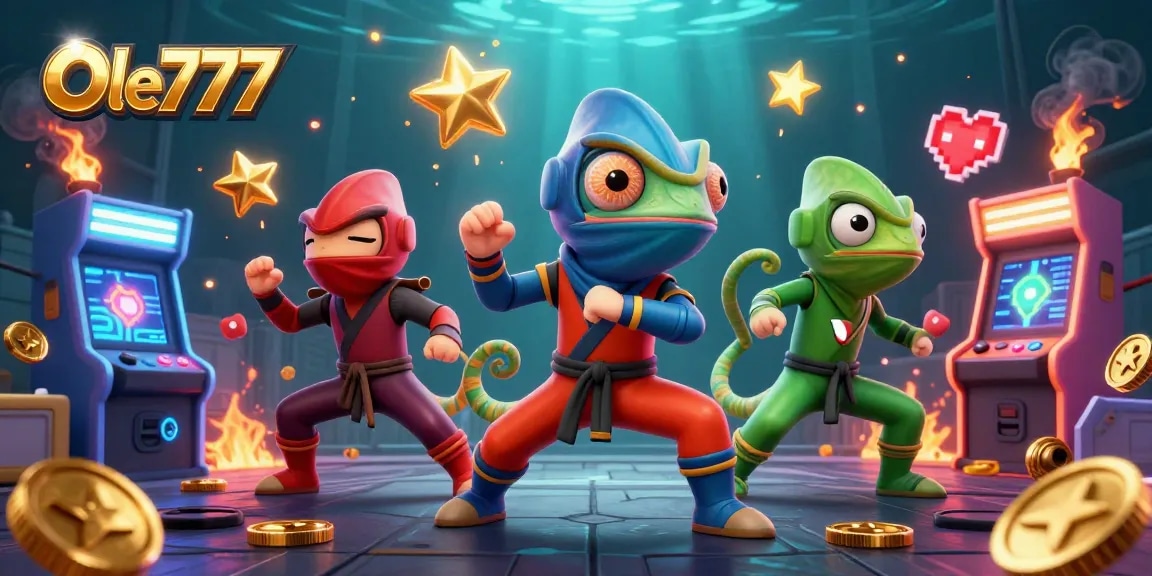 Engage in thrilling gameplay with Ole777's ninja chameleons amidst vibrant casino-themed elements.
