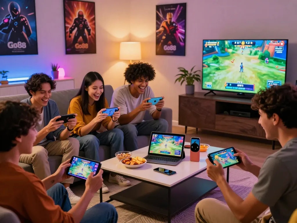Engaged friends playing tải go88 games together in a vibrant living room setting.