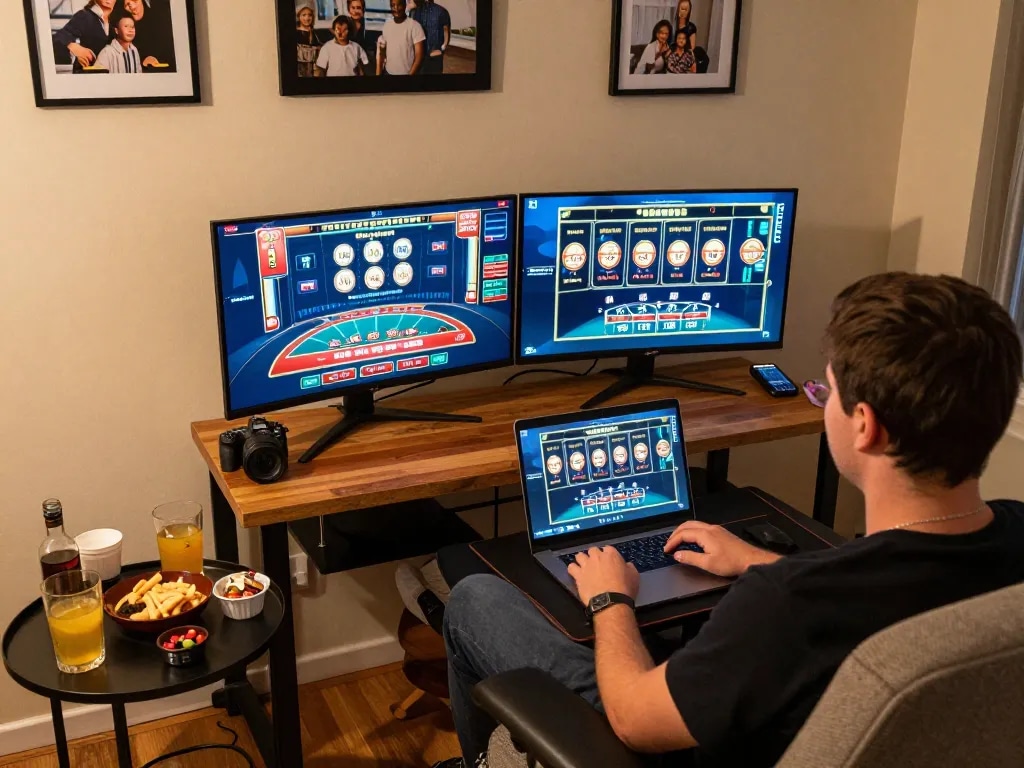 Engaging in casino online senza registrazione at a home gaming setup with dual screens and cozy ambiance