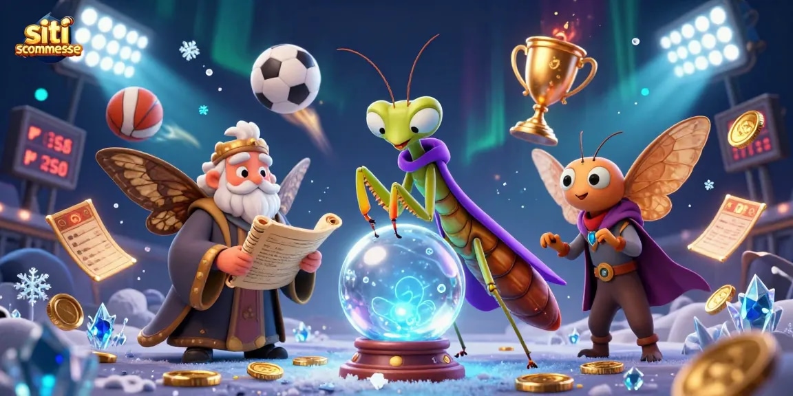 Siti scommesse con un mantide cartomante e un bibliotecario in un'illustrazione vibrante e magica