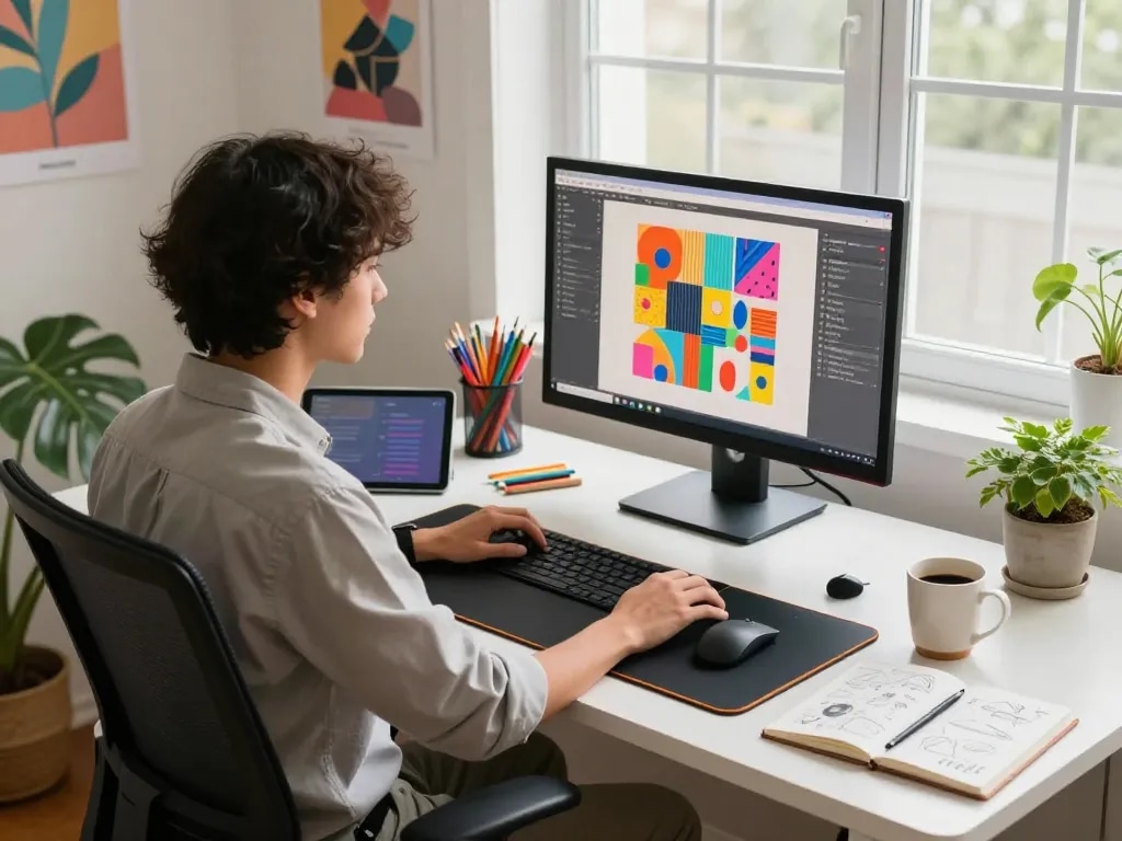 Custom 3D mouse pad enhancing comfort in a vibrant home office setup.