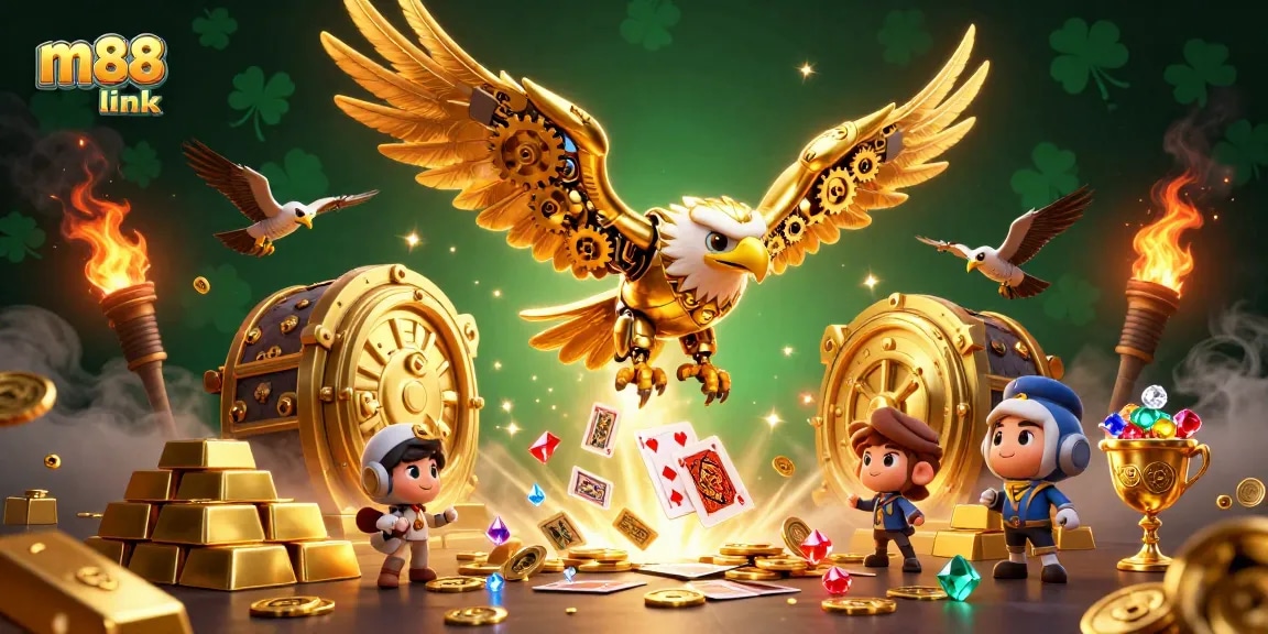 Experience thrilling action at m88 link as the golden eagle dives through holographic cards in an immersive casino world.