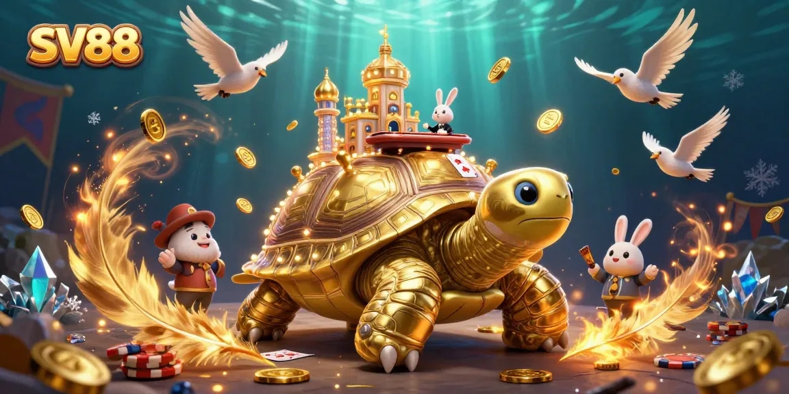 Experience SV88 excitement with a vibrant casino scene featuring a golden tortoise and dynamic poker action.