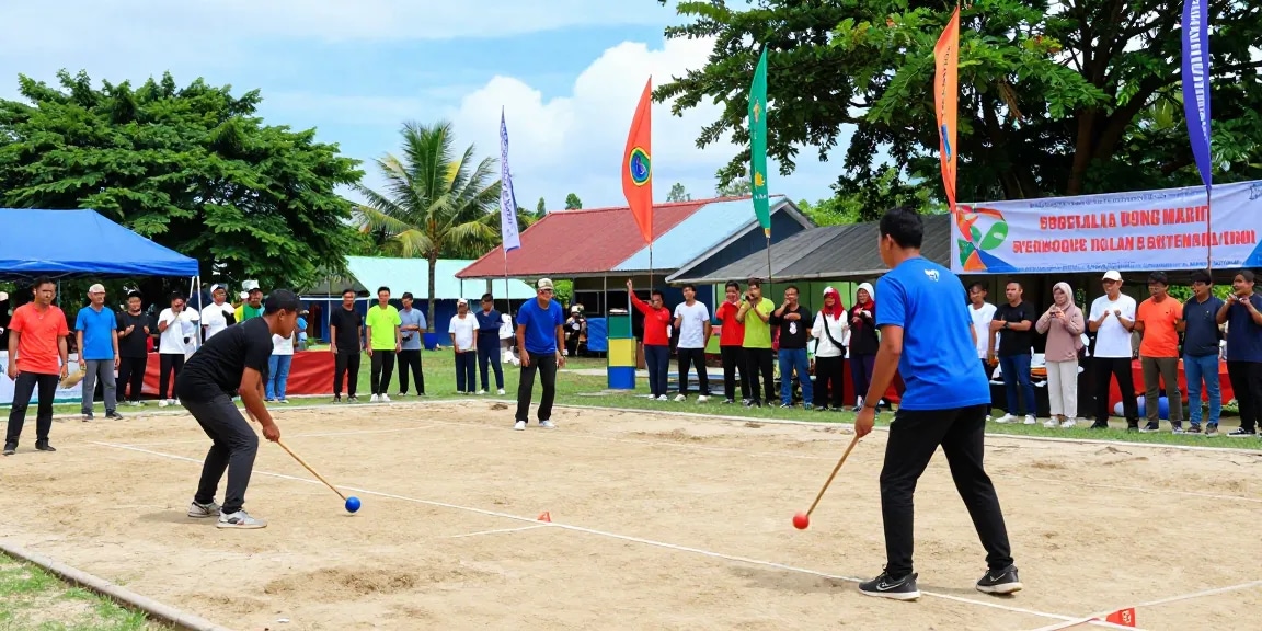 Acara olahraga petanque di fopikotaparepare.org, pemain bersaing dengan semangat di lapangan berpasir.