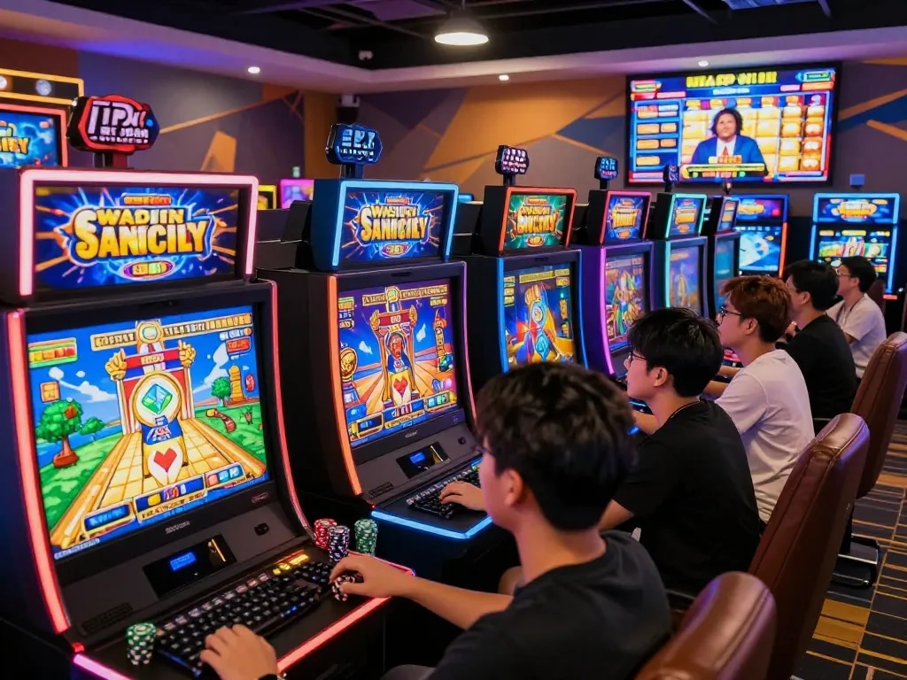 Adegan permainan yang menarik dengan pemain menikmati situs slot gacor di stasiun permainan yang berwarna-warni, menampilkan beragam animasi slot.