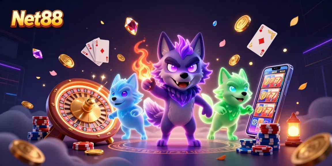 Engage with Net88's thrilling gaming landscape featuring immersive 3D wolves amidst vibrant casino elements.