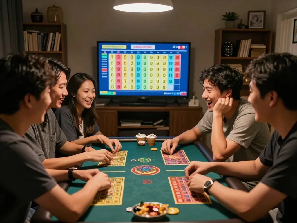 Malam permainan toto togel dengan teman-teman menganalisis angka dan mendiskusikan strategi
