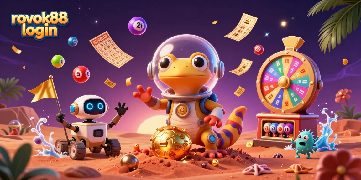 Experience rokok88 login with a Martian gecko in a golden casino scene, filled with vibrant lottery elements.