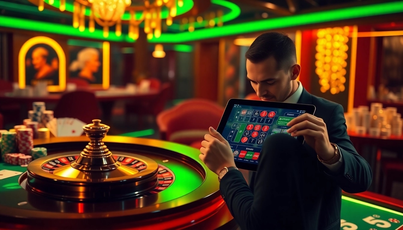Vivre l'excitation des meilleurs casinos en ligne avec une roue de roulette numérique vibrante et des jetons de poker.