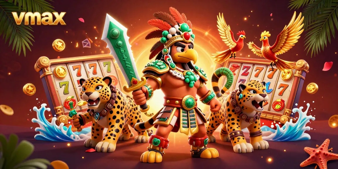 Engage with vmax treasures as an Aztec warrior spins the slots surrounded by vibrant casino elements.