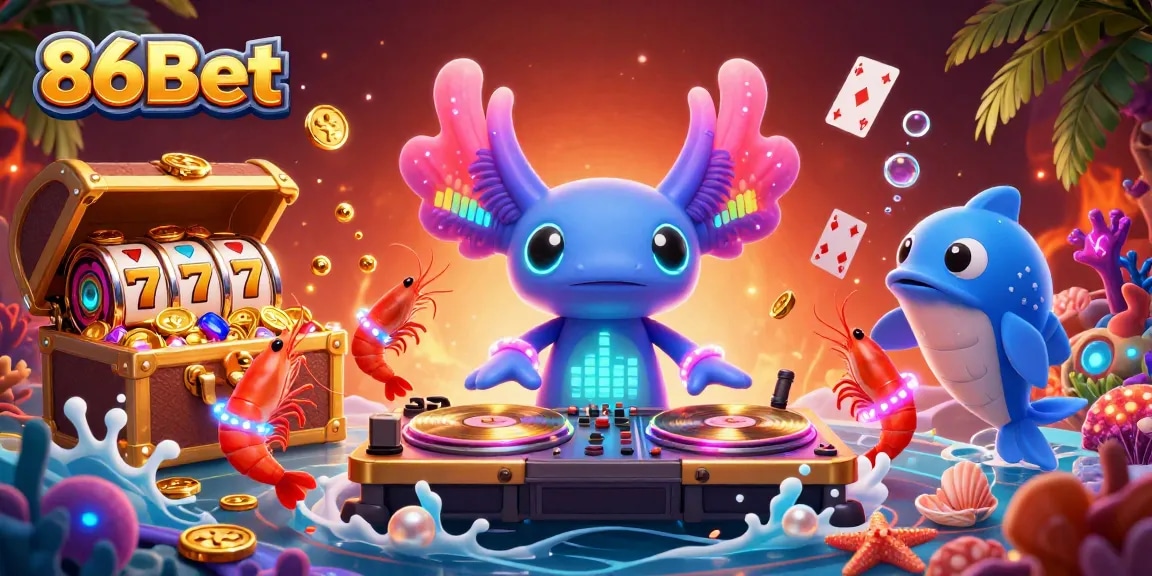 Experience dynamic gameplay with 86Bet in an underwater casino scene filled with spinning reels and vibrant characters.