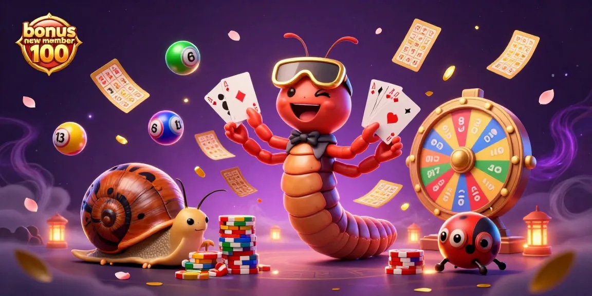 Experience excitement with bonus new member 100 as lucky characters engage with colorful casino elements.