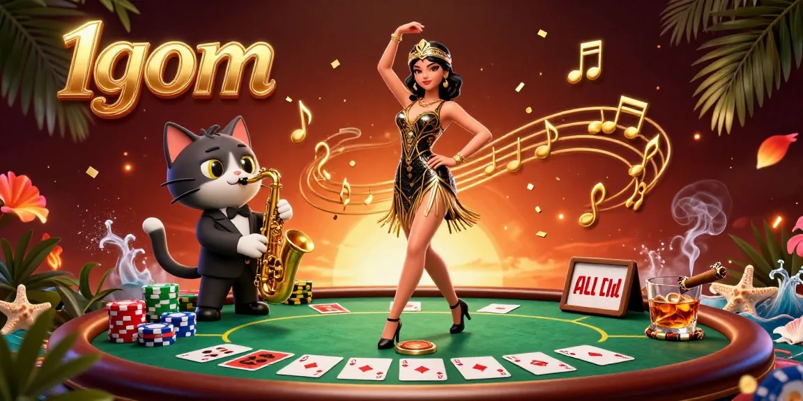 Engage with 1gom in a vibrant dance scene showcasing casino elements and festive characters.