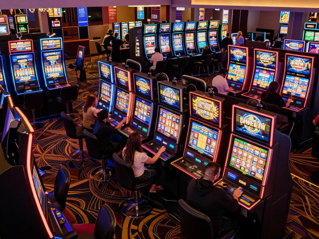 Players enjoying vibrant slot machines with animated displays in a lively casino setting
