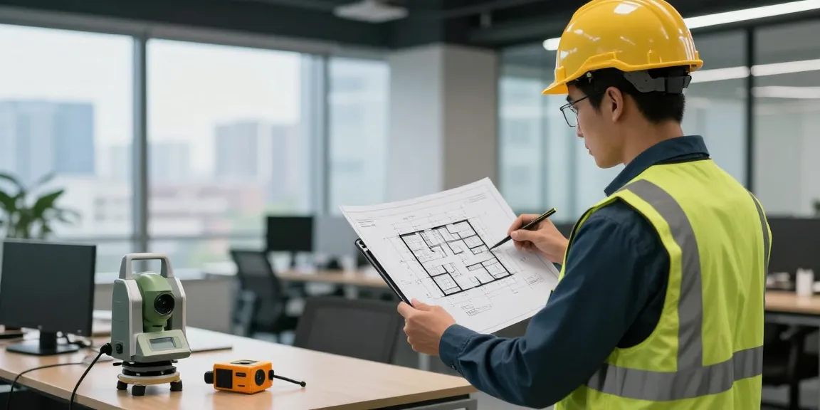 Measured Building Surveys Kent showcasing a professional surveyor reviewing detailed floor plans in a modern office environment.