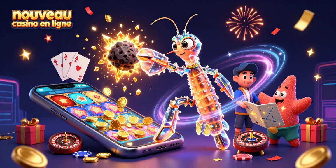 Découvrez le nouveau casino en ligne avec une illustration d'une crevette-mante galactique et des jeux captivants.