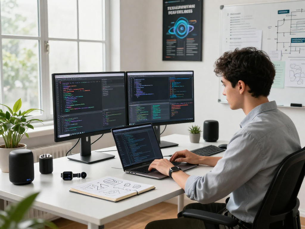 Focused software engineer coding AI algorithms in a modern workspace, showcasing innovation and creativity in tech.
