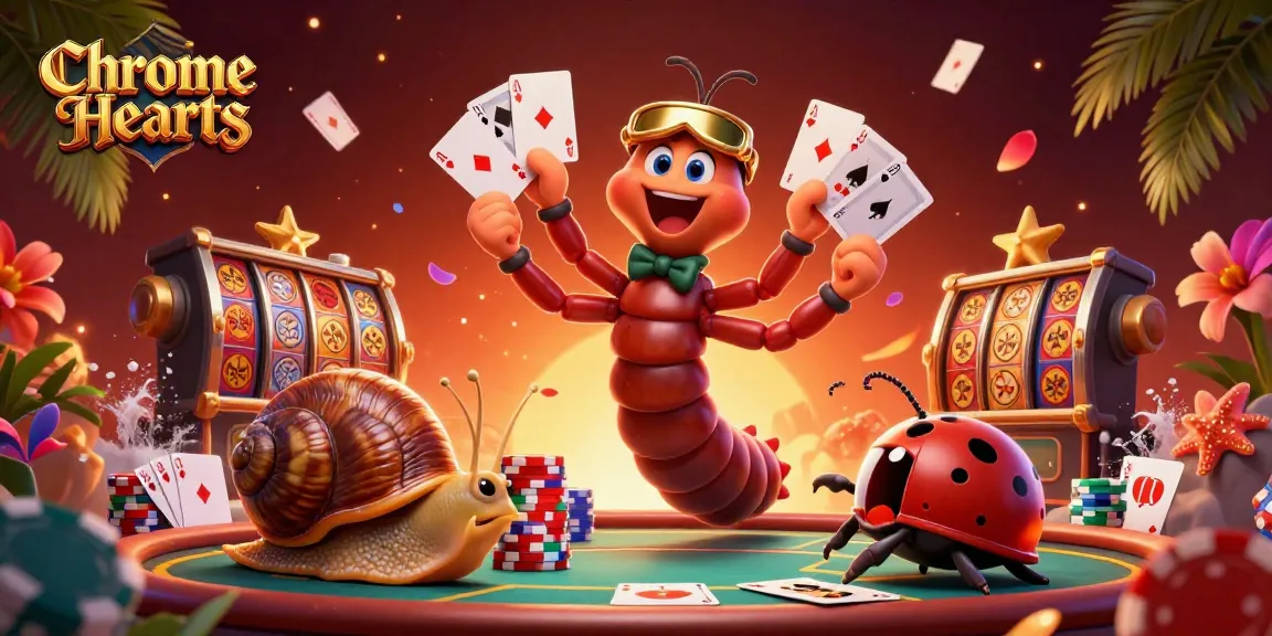 Play with excitement in the Chrome Hearts online casino featuring vibrant characters, poker tables, and dynamic chip stacks.