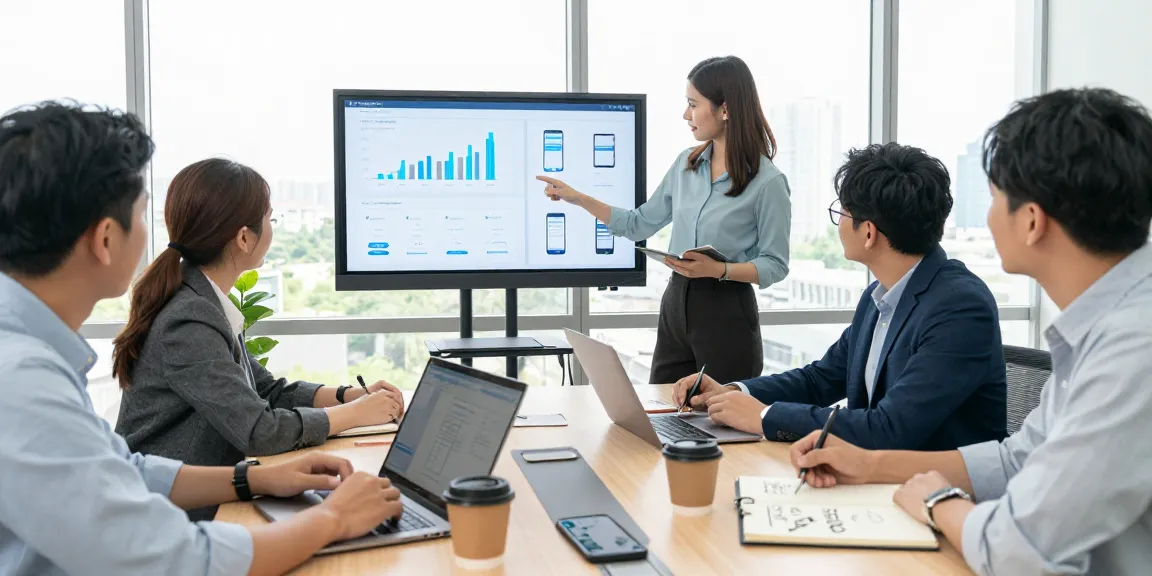 Collaborative meeting in a modern office exploring cheap business mobile deals with professionals engaged in discussion.