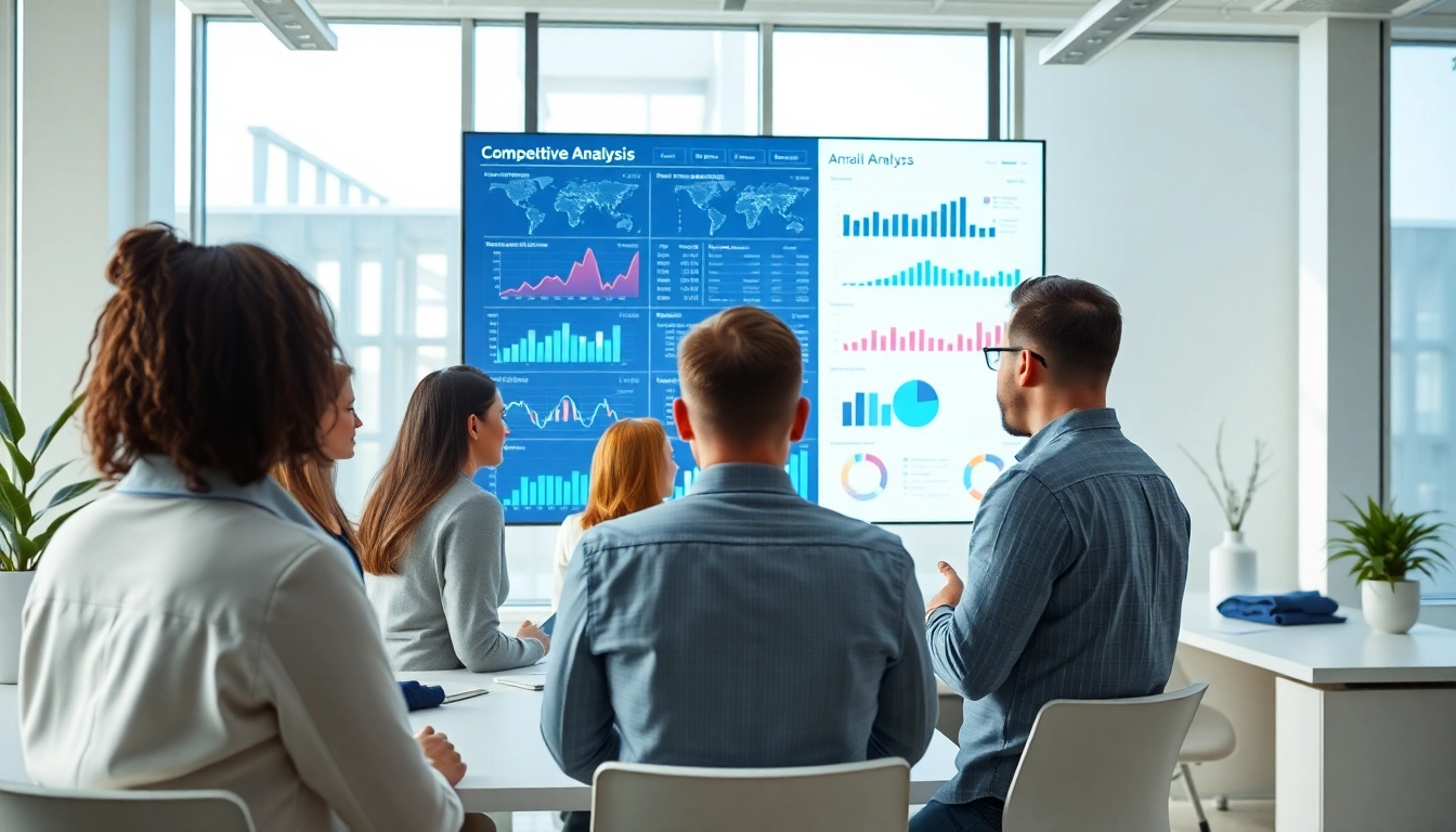 Analyze competitive insights using AI for competitor analysis with a diverse team in an office.