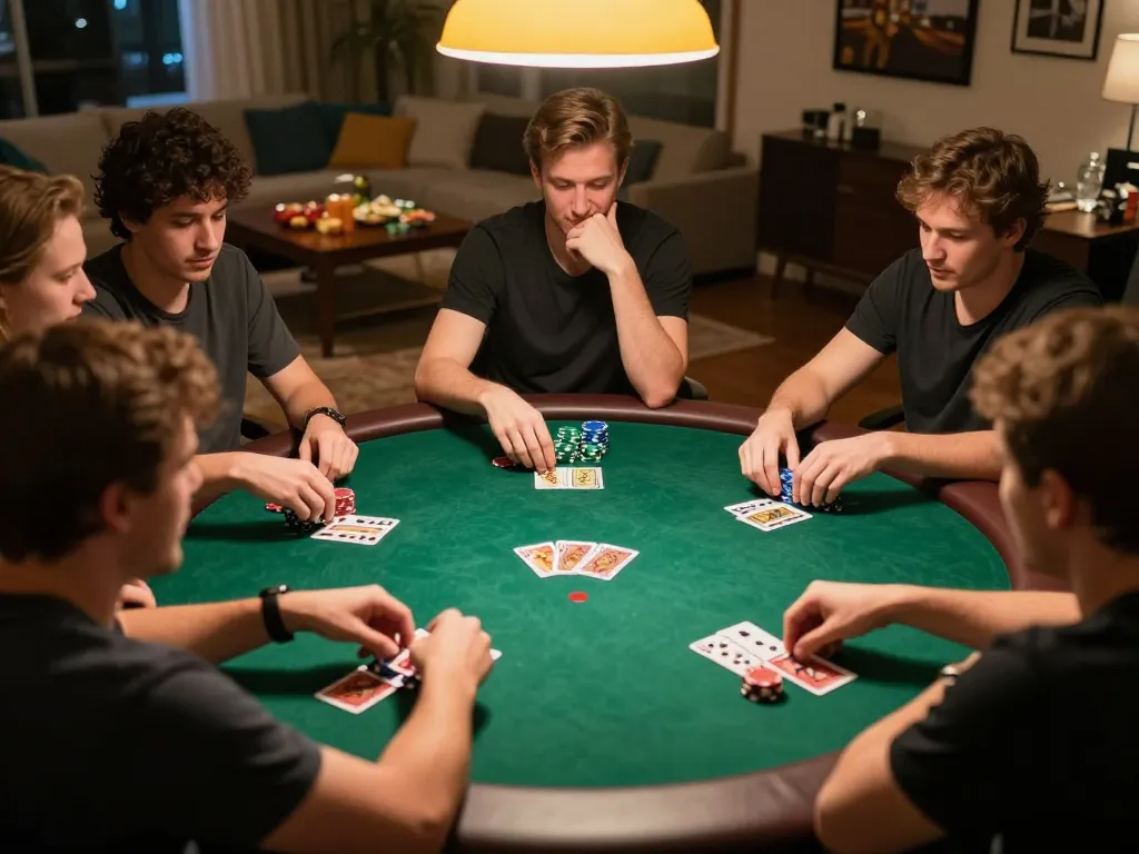 Players engage in a thrilling poker night at home, exploring strategies and enjoying 8kbetbh.