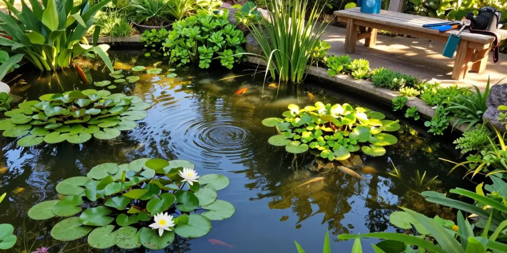 Pond Plants including water lilies and frogbit in a serene garden pond.