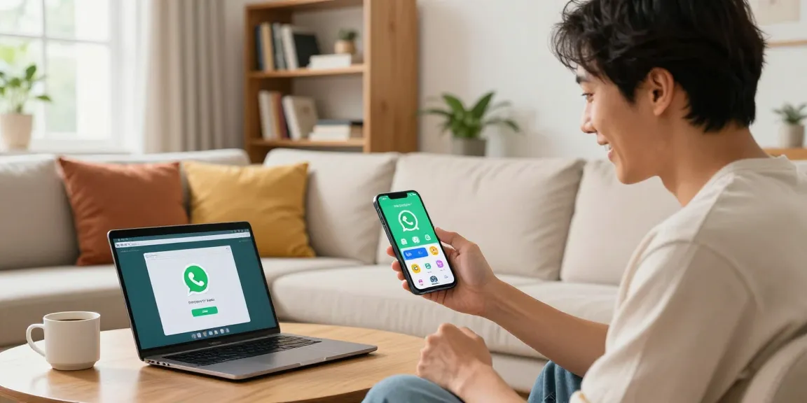 Excited user engaging with WhatsApp下載 on smartphone in vibrant living room.