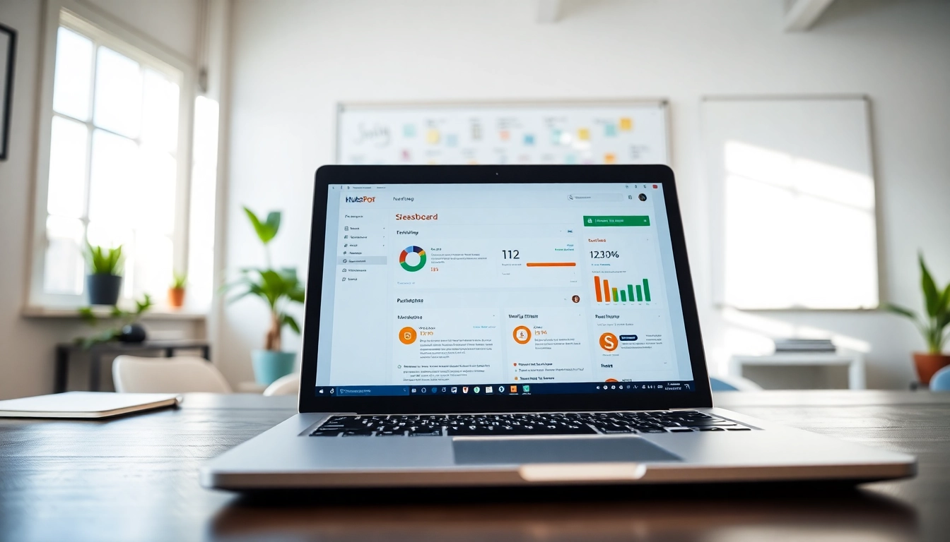 Utilize HubSpot free tools displayed on a laptop in a professional workspace.
