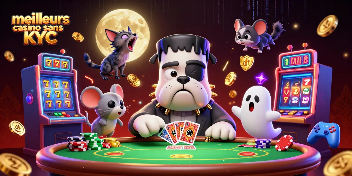 Jouez aux meilleurs casinos sans KYC avec un bulldog Frankenstein et un chat loup à la table de poker.