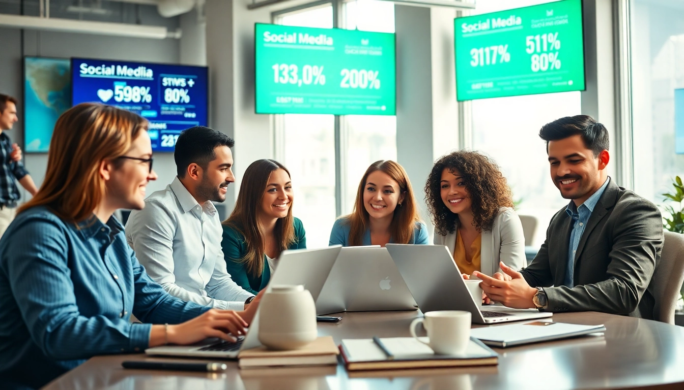 Engage in social media marketing edmonton strategies with a dynamic team in a modern office.