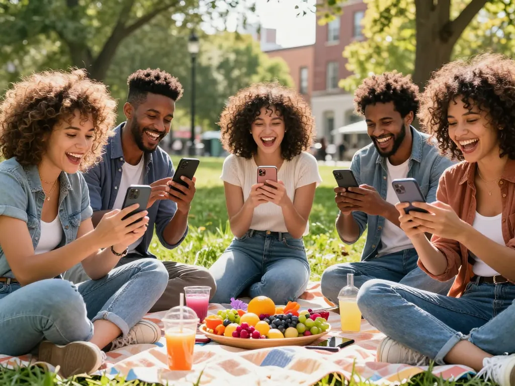 Friends enjoying funny posts in a lively park setting, capturing humor and connection.