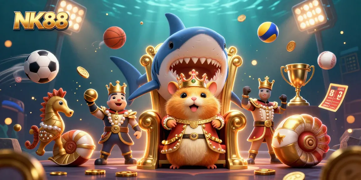 Experience thrilling gameplay at NK88 with vibrant 3D casino elements and a golden hamster king.