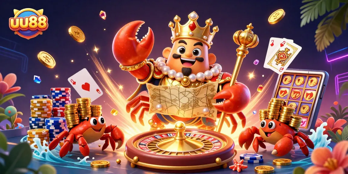uu88 showcases an emperor crab amidst rich casino elements, highlighting thrilling gaming experiences.