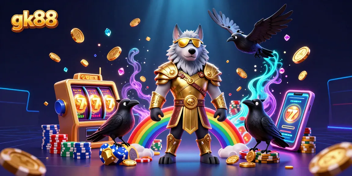 Experience gk88 with the golden Odin wolf, ravens, and casino elements in a vibrant illustration.