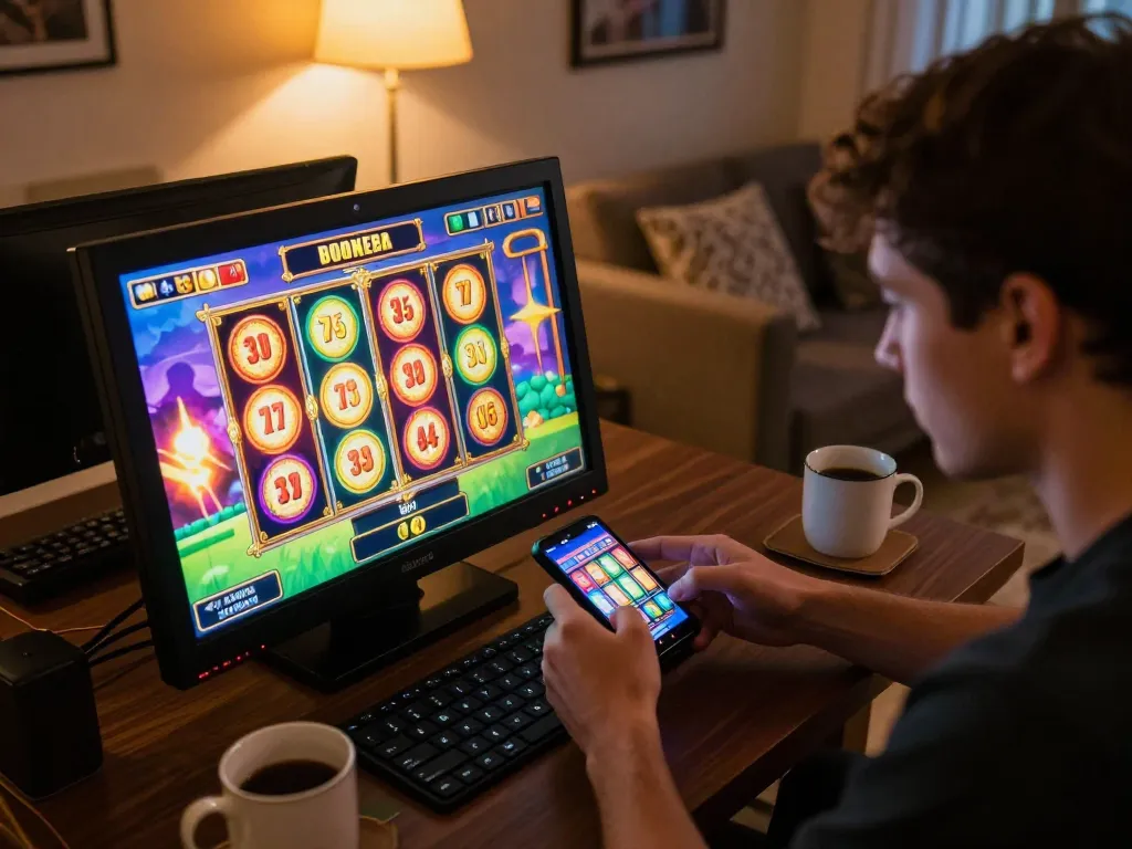 Enjoying an engaging slot server luar negeri experience on a smartphone at home, with vibrant game visuals.