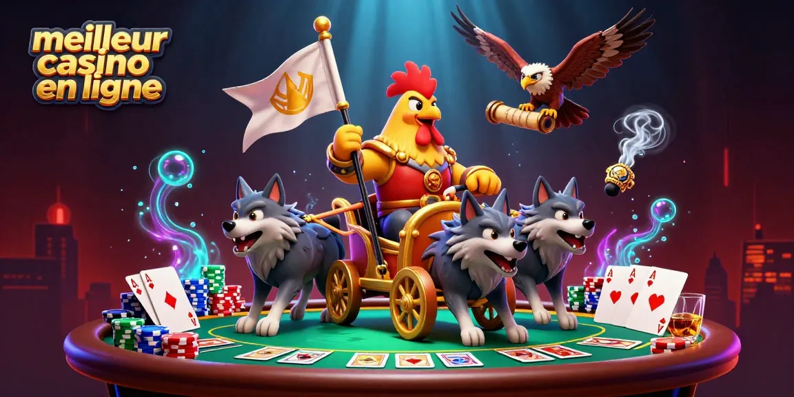 Visualisez le meilleur casino en ligne avec un gouverneur de guerre sur un chariot d'or, entouré de jeux de poker.
