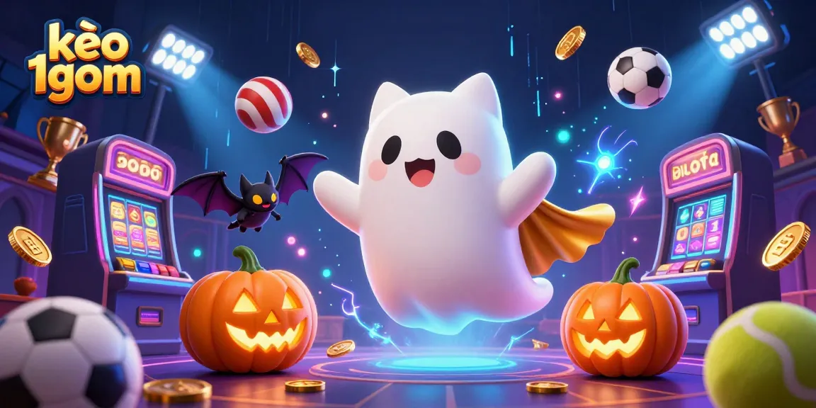 Betting on kèo 1gom with vibrant casino atmosphere, floating ghost cat, and sports elements.