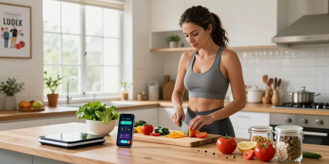 The best weight loss app showcased in a lively kitchen scene with a woman preparing a nutritious meal.