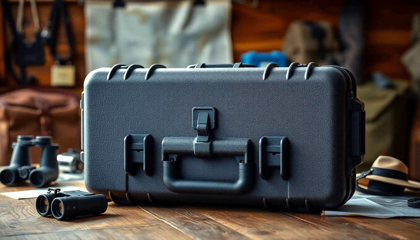 Showcase the pelican rifle case with its rugged design and outdoor gear for added context.