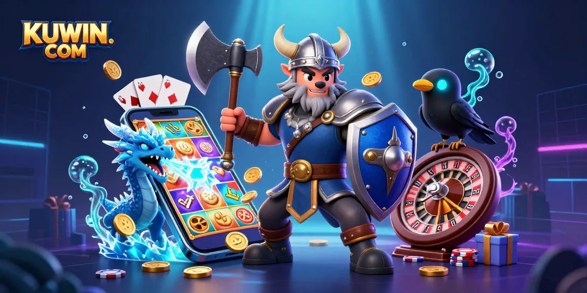 Experience thrilling gameplay with KUWIN. COM in this vibrant 3D digital illustration featuring action-packed casino elements.