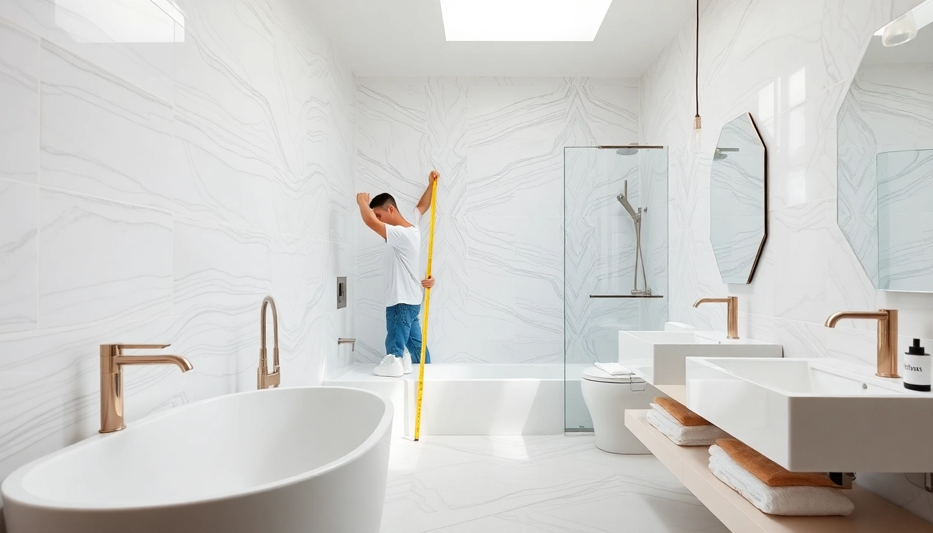 Bathroom remodeling contractors expertly renovating a modern bathroom showcasing contemporary design elements.