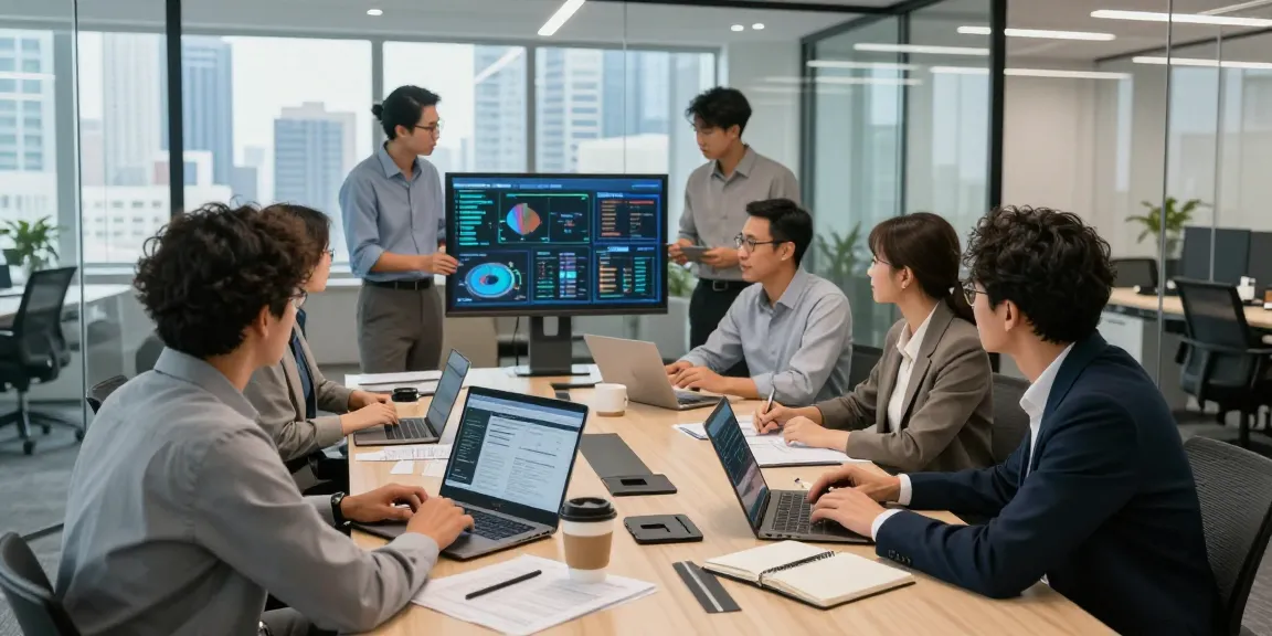 Team collaborating on IT support in business strategy around a conference table in a modern office.