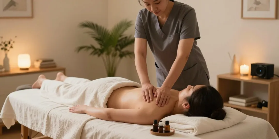 화정출장마사지 중인 전문 마사지 치료사와 편안한 고객의 모습, 아늑한 치료 환경