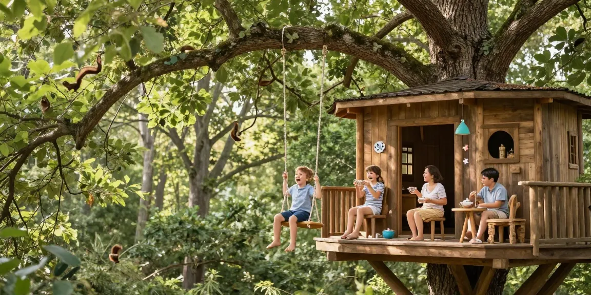 Family enjoying their time in treehouses, surrounded by nature.
